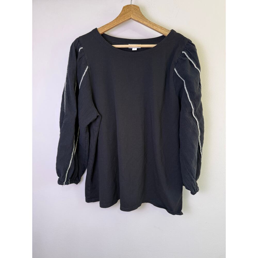 J.Jill L Tall Black Balloon Sleeve Top Contrast Stitch Cotton Modal